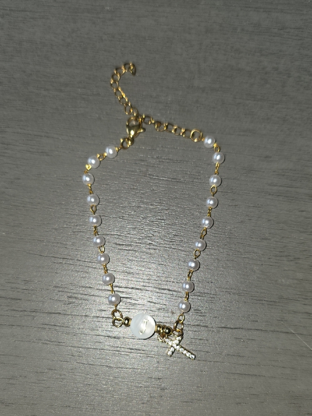 30 - T.J.Maxx Gold and White Pearl Cross Charm Bracelet